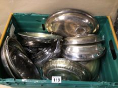 MIXED CRATE OF SILVER-PLATED ITEMS INCLUDING TRAYS, PART TEA SERVICE SET, AND MORE