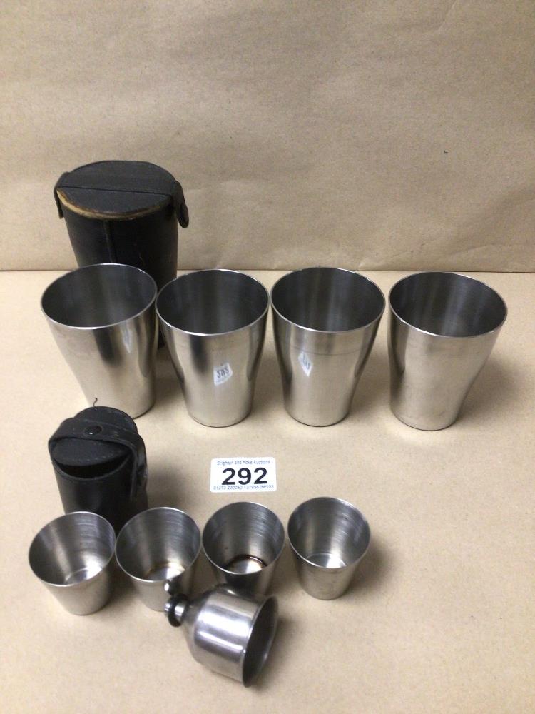 DANISH STAINLESS STEEL DRINKING VESSELS IN LEATHER CASE, ANOTHER CASED SET OF SHOT VESSELS