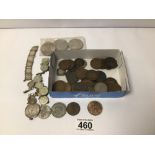 MIXED USED COINAGE INCLUDES SIXPENCE BRACELET, 1926 FLORIN, AND MORE