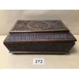 ANTIQUE CARVED LIDDED WOODEN JEWELLERY BOX ON BUN FEET, 25CM