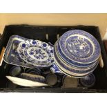 EXTENSIVE COLLECTION OF MOSTLY MIXED BLUE AND WHITE PATTERN PORCELAIN PLATES, TRAYS AND MORE, SOME