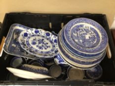 EXTENSIVE COLLECTION OF MOSTLY MIXED BLUE AND WHITE PATTERN PORCELAIN PLATES, TRAYS AND MORE, SOME