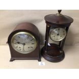 MAHOGANY FOUR PILLAR AND DRUM MANTLE CLOCK WITH A MAHOGANY DOME TOP MANTEL CLOCK BOTH A/F