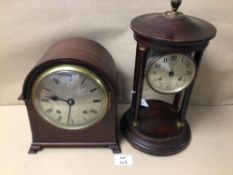 MAHOGANY FOUR PILLAR AND DRUM MANTLE CLOCK WITH A MAHOGANY DOME TOP MANTEL CLOCK BOTH A/F