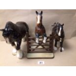 THREE VINTAGE PORCELAIN HORSES, INCLUDING TWO MELBA WARE HORSES ONE SHIRE, ONE JUMPING, LARGEST