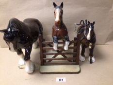 THREE VINTAGE PORCELAIN HORSES, INCLUDING TWO MELBA WARE HORSES ONE SHIRE, ONE JUMPING, LARGEST