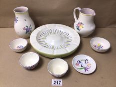 EIGHT ITEMS OF POOLE POTTERY INCLUDING A LARGE CIRCULAR ASHTRAY, BEING 25CM IN DIAMETER