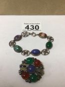 MARKED SCOTTISH SILVER BRACELET WITH SEMI-PRECIOUS STONES WITH SILVER BROOCH