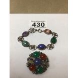 MARKED SCOTTISH SILVER BRACELET WITH SEMI-PRECIOUS STONES WITH SILVER BROOCH