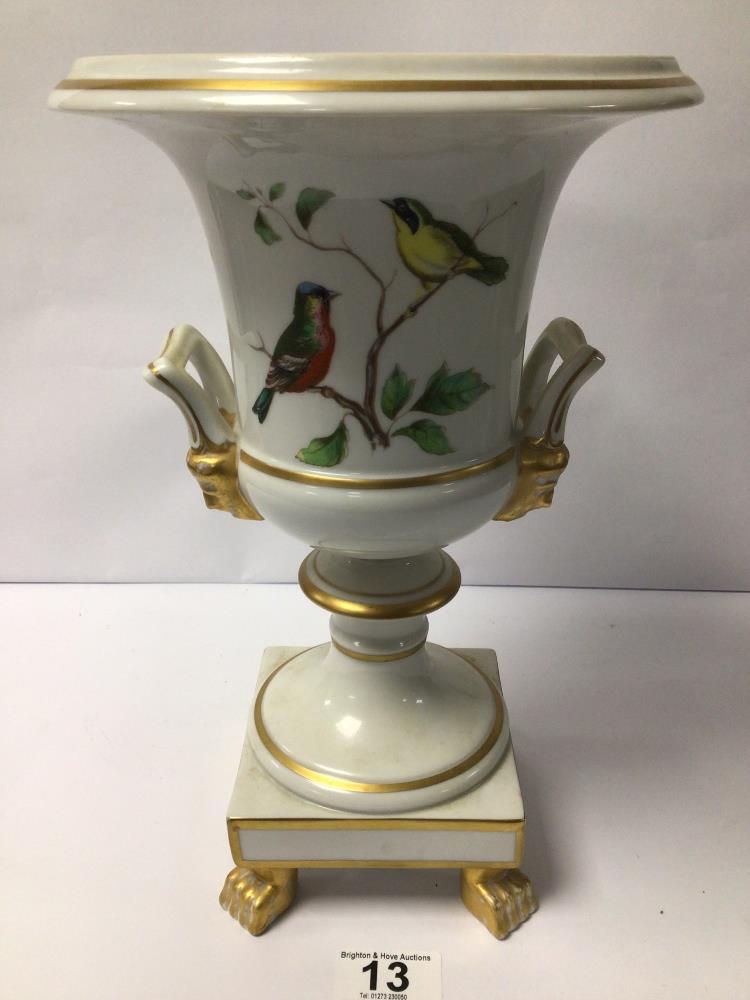 PORTUGUESE PORCELAIN TWIN HANDLED CAMPANA SHAPED VASE DECORATED WITH BIRDS WITHIN GILT BORDERS ON