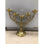 A BRASS CANDELABRA DECORATED WITH VINE LEAVES AND GRAPES, 42 X 46CM