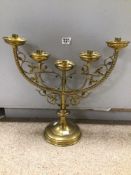 A BRASS CANDELABRA DECORATED WITH VINE LEAVES AND GRAPES, 42 X 46CM
