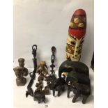 A QUANTITY OF AFRICAN WOODEN ITEMS, FIGURES, AND MORE
