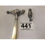 925 SILVER BABIES RATTLE WITH MOTHER OF PEARL HANDLE AND A 925 SILVER WHISTLE WITH A DOG'S HEAD