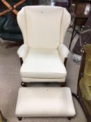 VINTAGE WINGBACK ARMCHAIR WITH STOOL IN NEUTRAL COLOUR
