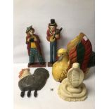 MIXED WOODEN CARVED FIGURES WITH A ROOSTER WALL HANGING COAT HOOK AND A RESIN COBRA