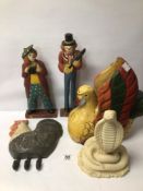 MIXED WOODEN CARVED FIGURES WITH A ROOSTER WALL HANGING COAT HOOK AND A RESIN COBRA
