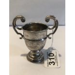 HALLMARKED SILVER TWIN HANDLED TROPHY CUP WITH SCROLL HANDLES, 10CM 1937 BY WILLIAM NEALE AND