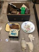 A MIXED BOX OF ITEMS, JUNGHANS CLOCK, SEXTON, BRASSWARE BOXES, TOY POODLE