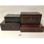FOUR BOXES INCLUDES A TEA CADDY, LACQUERED BOX AND MORE