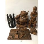 MIXED WOODEN CARVING FIGURES, INKWELL, AND MORE
