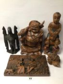 MIXED WOODEN CARVING FIGURES, INKWELL, AND MORE