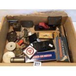 BOX OF MIXED ITEMS, DIAMOND TESTER, CAR BADGE, PAPERWEIGHT AND MORE