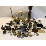 MIXED BOX, METALWARE, SMITHS CLOCK, BRASS MORTAR, CANON GLOBE AND MORE