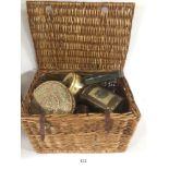 BASKET OF VINTAGE TINS, HUNTLEY AND PALMER, TAMO SHANTER TOBACCO AND MORE