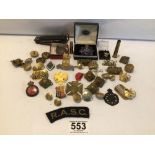 MIXED BOX OF MILITARY BADGES, PEN KNIFE, SILVER POLICE BADGE, BUTTONS AND MORE