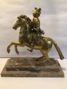 A GILDED BRONZE SOLDIER ON A REARING HORSE ON A MARBLE BASE, 36 X 38CM