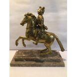 A GILDED BRONZE SOLDIER ON A REARING HORSE ON A MARBLE BASE, 36 X 38CM