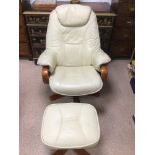 CREAM LEATHER STRESSLESS STYLE SWIVEL ARMCHAIR WITH MATCHING FOOTSTOOL