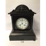 VINTAGE ROMAN NUMERAL BLACK SLATE MANTLE CLOCK, WITH ENGRAVINGS ‘J.J.S’, 2256 41, MISSING KEY AND