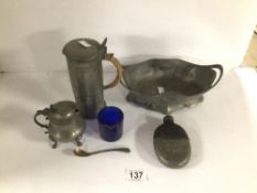 ART NOVEAU PEWTER OF TWO PIECES WITH FLASK AND MUSTARD POT