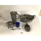 ART NOVEAU PEWTER OF TWO PIECES WITH FLASK AND MUSTARD POT