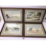 FOUR TONY DE FREITAS SIGNED PRINTS DEPICTING BUILDINGS, ALL FRAMED AND GLAZED, BEING 29CM X 23CM