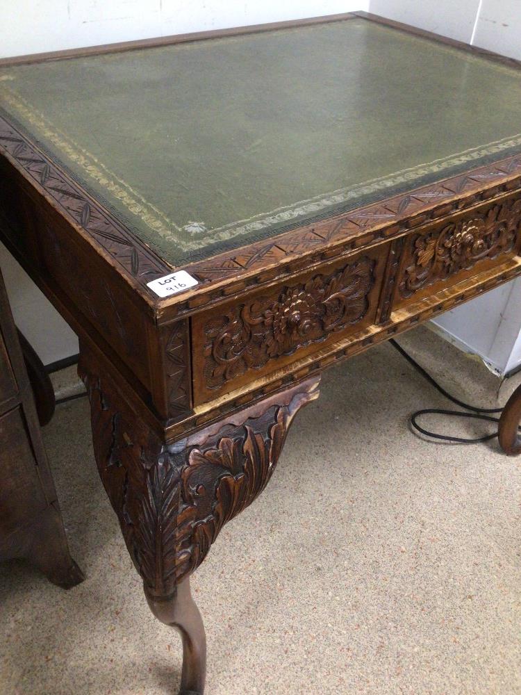 HEAVY CARVED OAK WRITING DESK WITH GREEN LEATHER TOP WITH THREE DRAWERS - Image 6 of 6