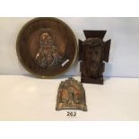 RELIGIOUS ITEMS, SIGNED COPPER PLAQUE BY RUFFENY, CARVED WOODEN BUST OF CHRIST, AND A COPPER PLAQUE