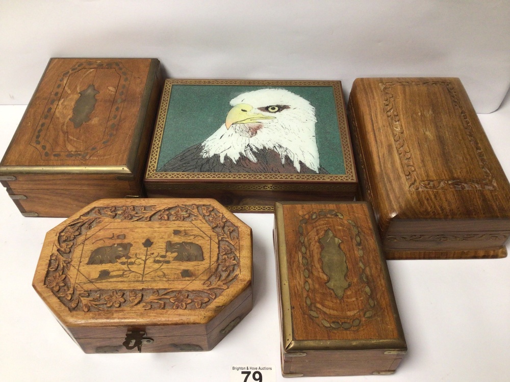 FIVE VINTAGE WOODEN BOXES, INCLUDES A BOX WITH AN EAGLE TO THE TOP - Image 3 of 7