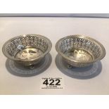 PAIR HALLMARKED SILVER CIRCULAR PIERCED BON BON DISHES ON BUN FEET, 9CM BY ADIE BROTHERS 928, 60