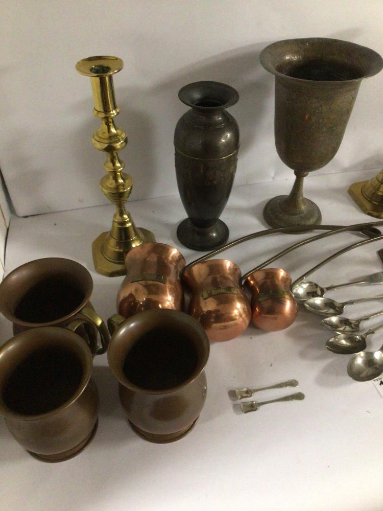 MIXED METAL WARE COPPER AND BRASS LADIES, CANDLE-STICKS, NAPKIN RINGS, AND MORE - Image 2 of 6