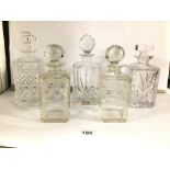 FIVE CUT GLASS SQUARE WHISKEY DECANTERS, INCLUDING A PAIR