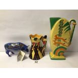 TWO ART DECO JUGS, BURLEIGH WARE, THE LARGEST 27CM WITH A CERAMIC BROADWAY BABY COW