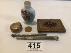 MIXED ITEMS CHINESE PORCELAIN SCENT BOTTLE, SOVEREIGN HOLDER AND MORE