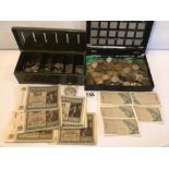 TWO BOXES OF USED COINAGE AND NOTES