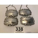 MATCHED SET OF FOUR HALLMARKED SILVER EMBOSSED RECTANGULAR SPIRIT LABELS