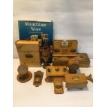 A QUANTITY OF MAUCHLINE WARE, DESK TIDY STAMP, BOX AND MORE