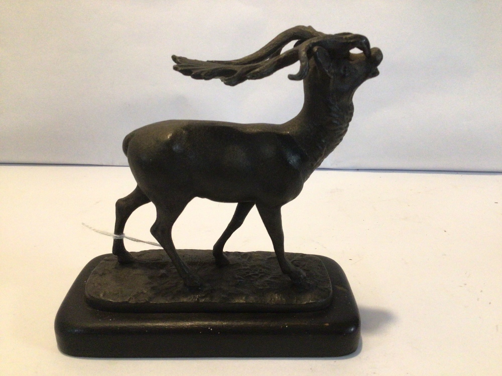 SMALL SPELTER ANIMAL FIGURE OF A STAG ON A PLINTH, 15 X 15CM - Image 2 of 4