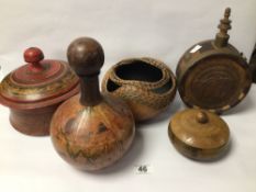MIXED VINTAGE ITEMS, WOODEN LIDDED POT, FLASK, AND, MORE